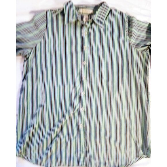 Button-Up Shirt Roamans Womens Green Blue Striped Size Large RN88842 Long Sleeve - Picture 3 of 13